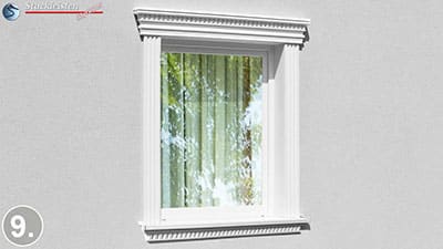 Traditionelles Stuckfenster mit Zinnenfries und kannelierten Faschenleisten